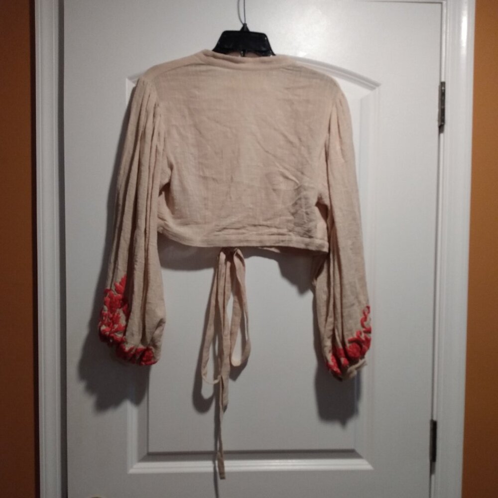 MATI Wrap Crop Top Vegan Embroidered Bishop Sleeves - Picture 5 of 5